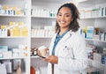 Pharmacist, phone or portrait of woman with coffee texting in pharmacy to contact email or online chat. Social media