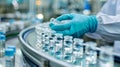 Pharmacist scientist inspecting medical vials on production line in pharmaceutical factory Royalty Free Stock Photo