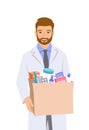 Pharmacist in white coat holds bag with medicines Royalty Free Stock Photo