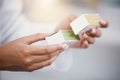 Pharmacist woman, medicine in hands and pills, healthcare and prescription medication in drug store. Medical, closeup Royalty Free Stock Photo