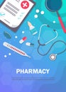 Pharmacy background, pharmacy design, pharmacy templates. Medicine, pharmacy, hospital set of drugs with labels. Medication, Royalty Free Stock Photo