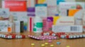 Pharmacy blurred store drugs shelf interior. Concept of pharmacist and chemist, fake drugs Royalty Free Stock Photo