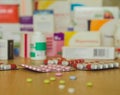 Pharmacy blurred store drugs shelf interior. Concept of pharmacist and chemist, fake drugs Royalty Free Stock Photo