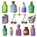 Pharmacy bottles vector vintage medical glass old drug container with chemical liquid medicine and scales illustration