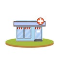 Pharmacy building. symbol white cross on sign. Medicine and pharmacology