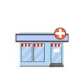 Pharmacy building. symbol white cross on sign. Medicine and pharmacology. Treatment of people with pill