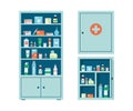 Pharmacy cabinet and medicine wall chest full of drugs, pills and bottles. Pharmacy shelves. Metal open and closed