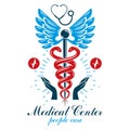 Pharmacy Caduceus icon, medical logo created with heart shape an