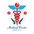 Pharmacy Caduceus icon, medical logo created with heart shape and electrocardiogram chart symbol. Cardiology diagnosis clinic