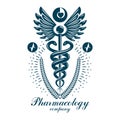 Pharmacy Caduceus icon, medical logo created with heart shape and electrocardiogram chart symbol. Cardiology diagnosis clinic