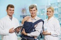 Pharmacy chemist, father and child in drugstore Royalty Free Stock Photo