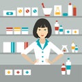 Pharmacy chemist girl standing in drugstore. Flat vector