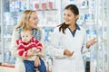 Pharmacy chemist, mother and child in drugstore Royalty Free Stock Photo