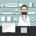 Pharmacy chemist standing in drugstore. Flat vector