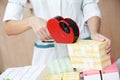 Pharmacy chemist woman labeling drugs