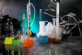 Pharmacy and chemistry theme. Test glass flask with solution in research laboratory. Science and medical background. Laboratory Royalty Free Stock Photo