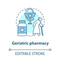 Pharmacy concept icon. Geriatric patient treatment idea thin line illustration. Elderly diseases medication therapy