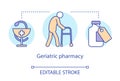 Pharmacy concept icon. Geriatric patient treatment idea thin line illustration. Old age diseases medication therapy