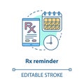 Pharmacy concept icon. Rx medication intake reminder idea thin line illustration. Prescription drugs scheduled alarm