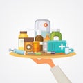 Pharmacy Concept with Pills Capsules. doctor hand holds tray with medicaments