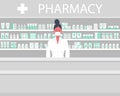 Pharmacy during coronovirus epidemic. Pharmacist in a medical mask stands near the shelves with medicines