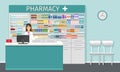 Pharmacy counter with pharmacist. Drugstore interior with showcases with medicines and apothecary female character Royalty Free Stock Photo