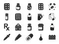 Pharmacy doodle illustration including flat icons - pills bottle, tablets blister, capsules, vitamin, cough syrup Royalty Free Stock Photo