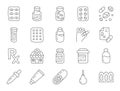 Pharmacy doodle illustration including icons - pills bottle, pipette, capsules, tablets blister, vitamin, cough syrup Royalty Free Stock Photo