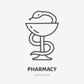 Pharmacy doodle line icon. Vector thin outline illustration of snake and cup. Black color linear sign for hygeia emblem