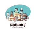 Pharmacy, drugstore label. Medical supplies, bottles liquids, pills, capsules icon or logo. Lettering vector Royalty Free Stock Photo