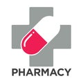 Pharmacy or drugstore vector cross and pill isolated icon template