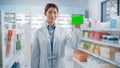 Pharmacy Drugstore: Portrait of Professional Asian Female Pharmacist Holding Mock-up Template Royalty Free Stock Photo