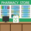 Pharmacy and drugstore. Sale White shopping bag with different medical pills and bottles . Vector simple illustration.