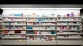 Pharmacy drugstore shelves interior, medical background