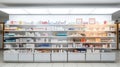 Pharmacy drugstore shelves interior, medical background