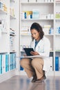 Pharmacy, focus and pharmacist woman on tablet for medicine management, stock research or inventory. Digital, product Royalty Free Stock Photo