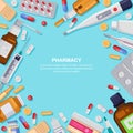 Pharmacy frame with pills, drugs, bottles. Drugstore illustration. Medicine, healthcare banner, poster background Royalty Free Stock Photo