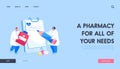 Pharmacy, Health Care Landing Page Template. Doctor Character Carry Huge Medicine Pill for Illness Prevention Royalty Free Stock Photo