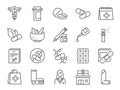 Pharmacy icon set. Included the icons as medical staff, drug, pills, medicine capsule, herbal medicines, pharmacist, drugstore an