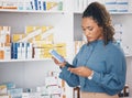 Pharmacy, info search and woman with phone checking ingredients or medical for pills results online. Prescription drugs