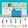 Pharmacy infographic elements and flat banner design. Vector pharmacy drugstore set design. Drugs icons pills capsules Royalty Free Stock Photo