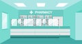 Pharmacy interior with drug shelves and cashier counter. Interior pharmacy and drugstore. Sale of vitamins and medications.