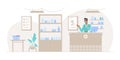Pharmacy interior with male pharmacist by counter
