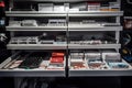 Pharmacy Interior with shelves full of packages with medicine and supplements