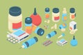 Pharmacy isometric. Medicine healthcare drugs and pills medication vector set