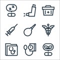 pharmacy line icons. linear set. quality vector line set such as herbal, blood pressure gauge, medical folder, caduceus, enema,