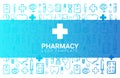 Pharmacy and Medical banner with doodle background. Pills, Vitamin tablets, medical drug. Vector Illustration.