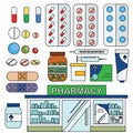 Pharmacy and medical icons, infographic elements set Royalty Free Stock Photo