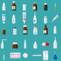 Pharmacy medical set bottles, blisters, syringe, thermometer, pippete, jars, tubes, sprays, droppers with caps. Glass