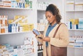 Pharmacy, medication and woman customer shopping for healthcare products or drugs in a drugstore. Dispensary, medical Royalty Free Stock Photo